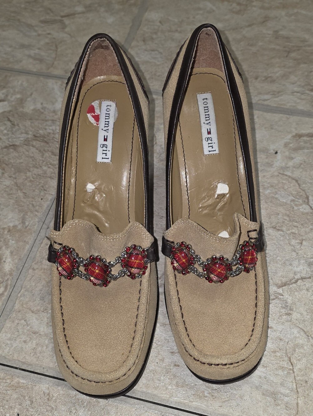 VTG Y2K Tommy Girl Heeled Loafers Womens 8 Tan Suede Brown Leather Embellished